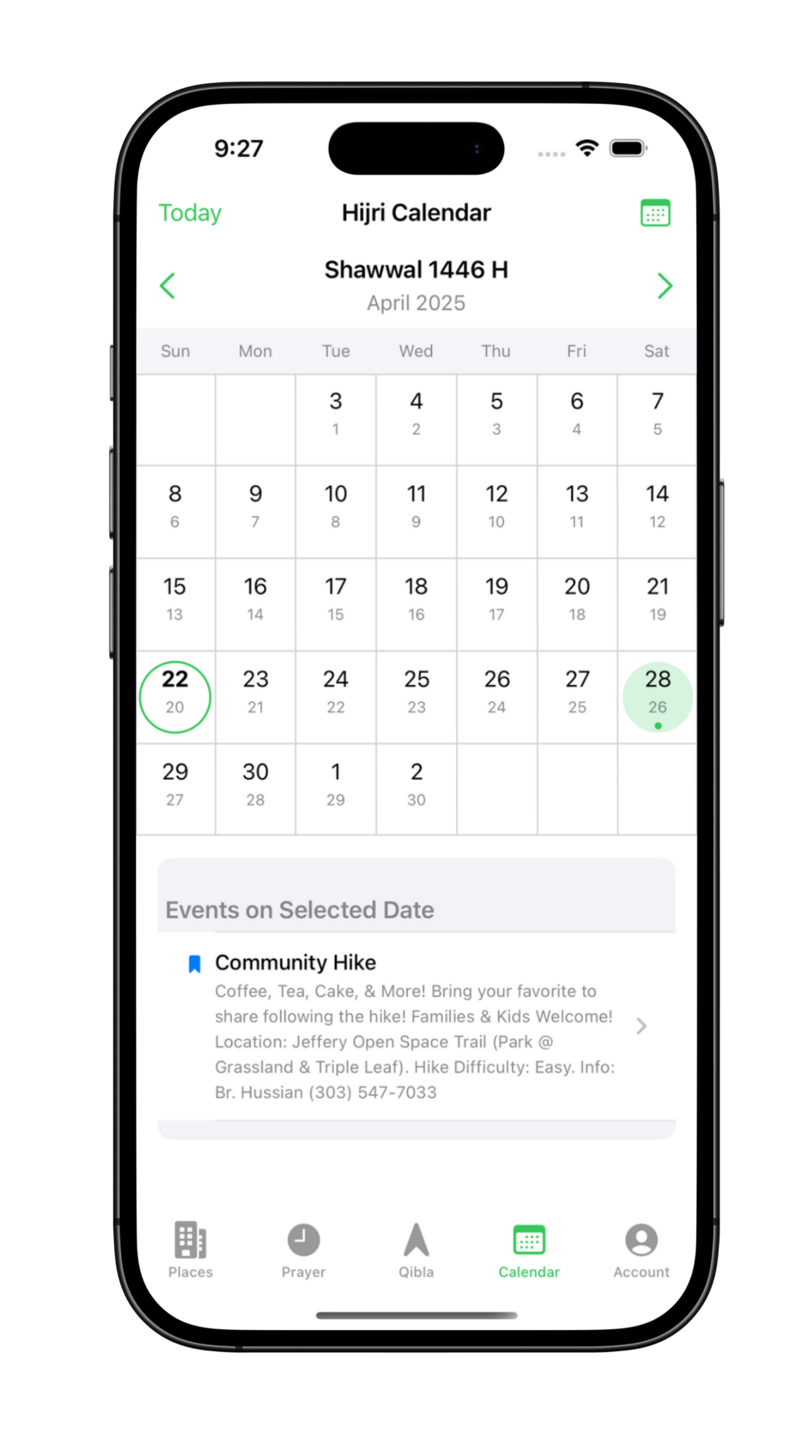 Ummah Hub App screen showing a user's saved favorite places and the integrated calendar view.