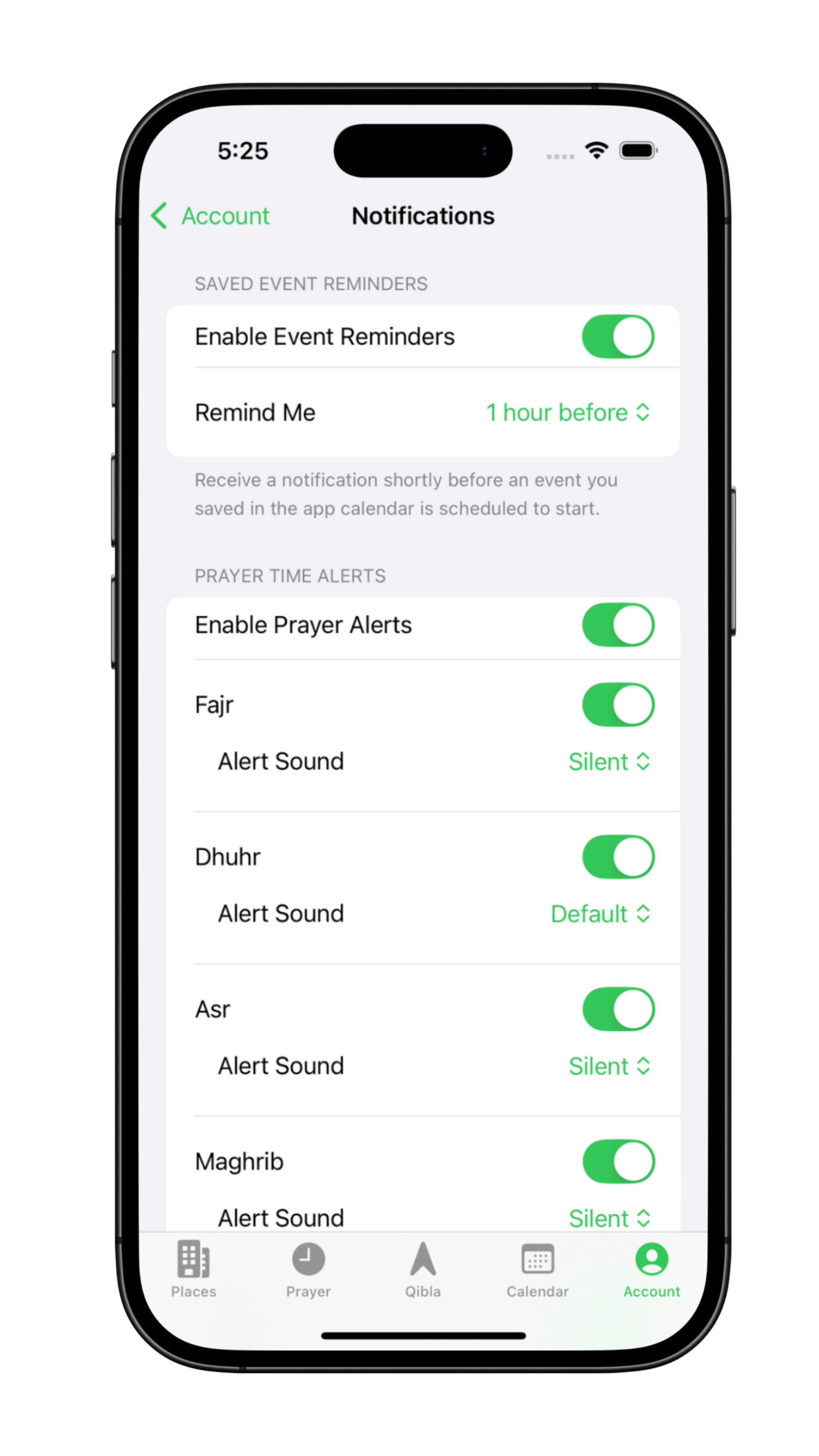 Ummah Hub App displaying the Notification Settings screen with options for event and prayer time alerts.