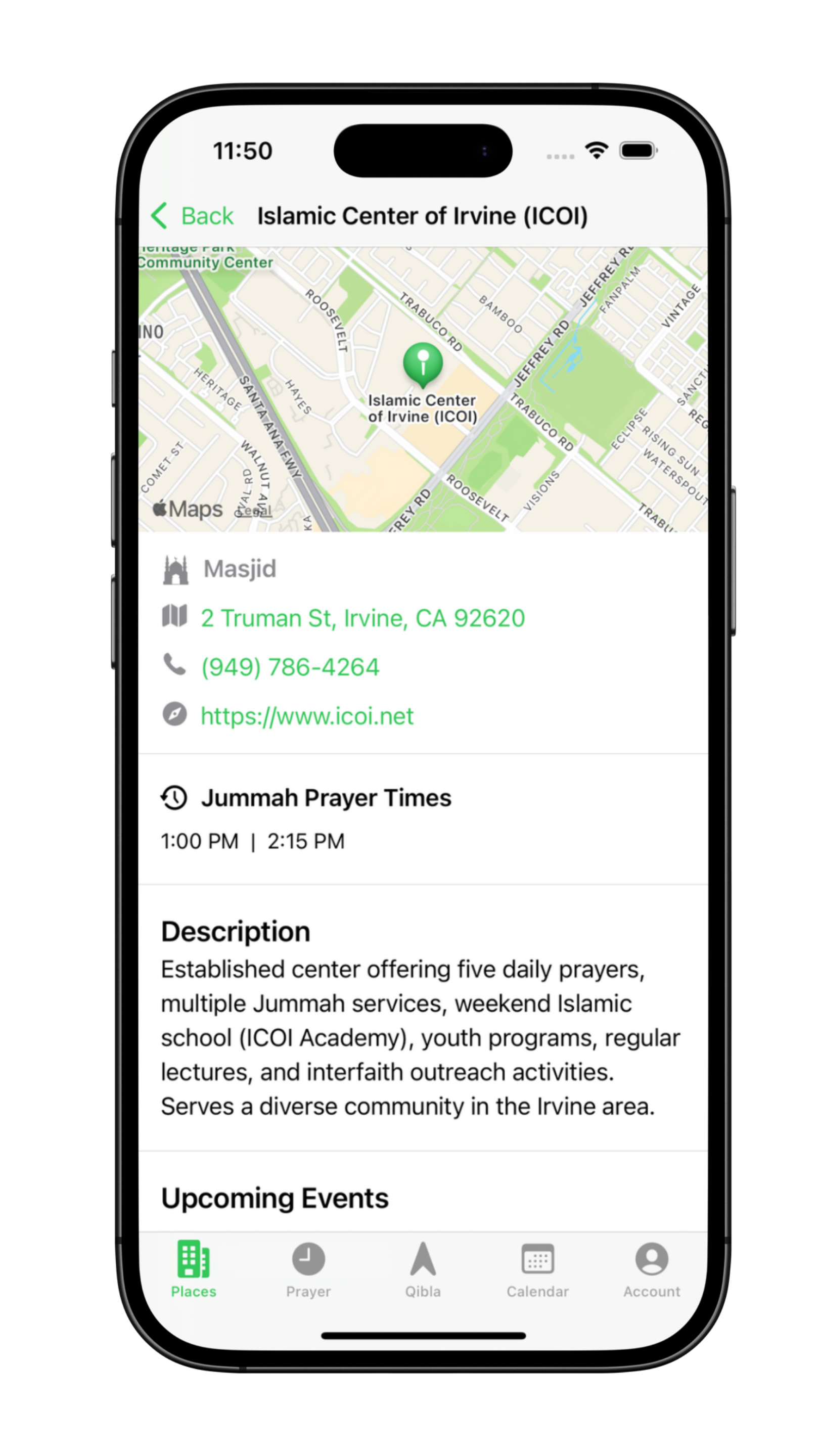 Ummah Hub App screen displaying detailed information for the Islamic Center of Irvine (ICOI), including map and event listings.