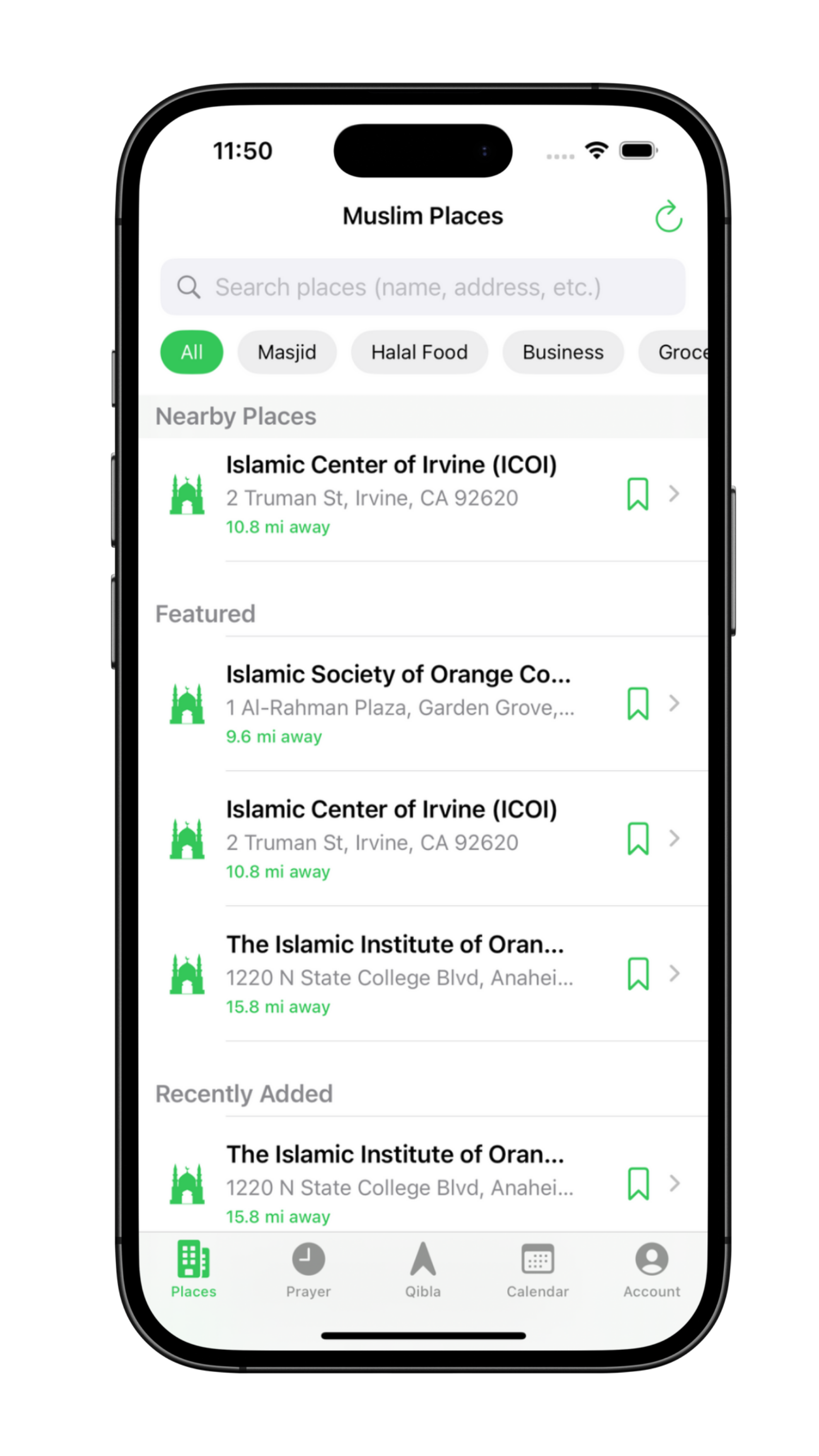 Ummah Hub App screen showing the Places Directory with categories like Masjids and Halal Food.