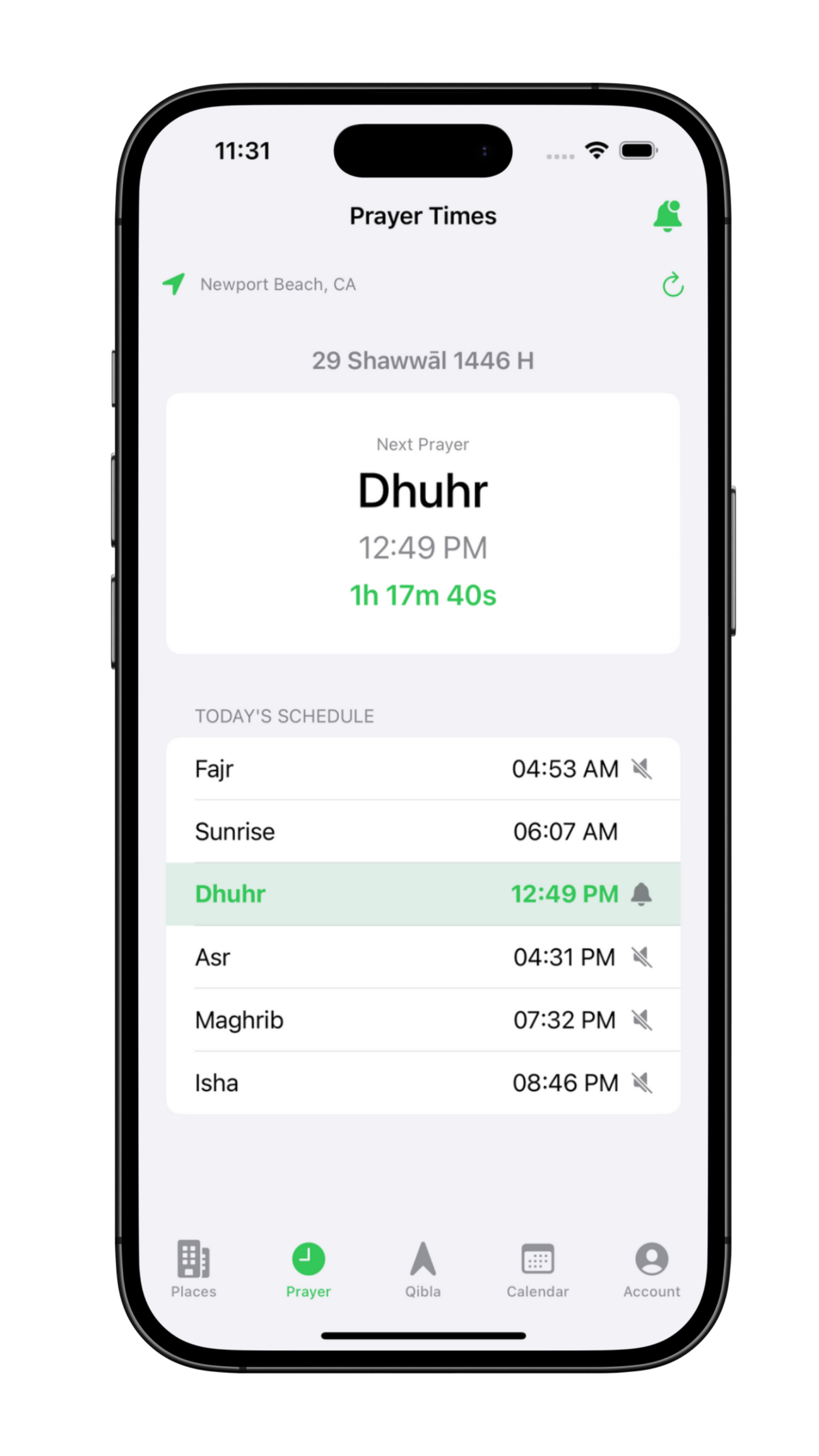 Ummah Hub App interface showing daily Prayer Times and a Qibla compass.